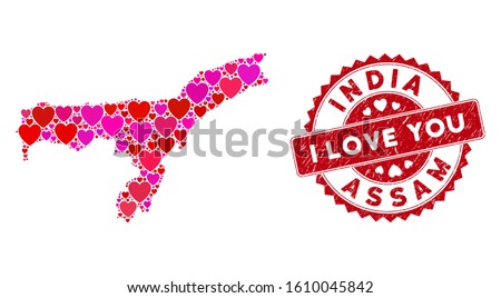 Love mosaic Assam State map and grunge stamp seal with I Love You words. Assam State map collage created with random red heart items. Red round I Love You seal stamp with unclean texture.