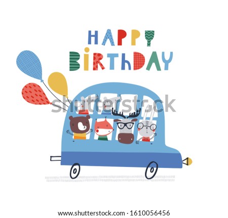 Baby print with bus and animals: Happy Birthday. Hand drawn graphic for typography poster, card, label, flyer, page, banner, baby wear, nursery.  Scandinavian style. Vector illustration.