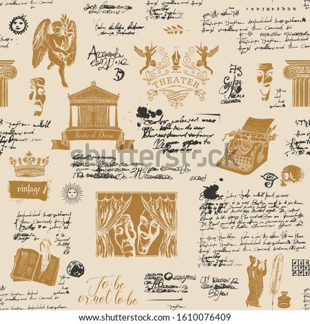 Vector seamless pattern on the theme of theater with handwritten notes, hand-drawn sketches and ink stains. Suitable for Wallpaper, wrapping paper, fabric or abstract background in vintage style