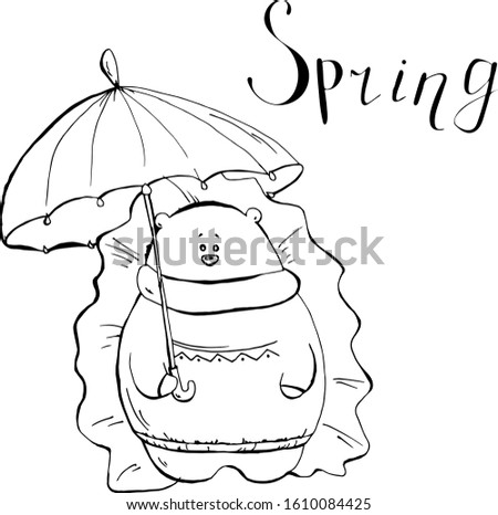 Cute animal hedgehog with umbrella, lettering spring, for coloring book cartoon hand drawn vector illustration. Can be used for t-shirt print, kids wear fashion design, baby shower invitation card