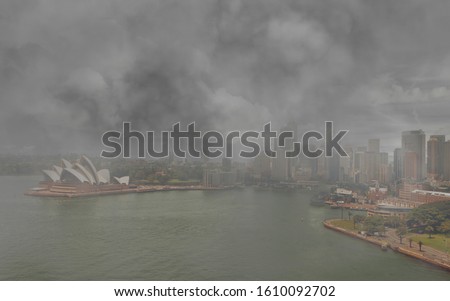 Sydney Bushfire Emergency - Office towers and residential hirise buildings in Parramatta CBD hidden behind thick smoke haze.