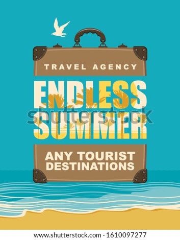 Vector illustration with travel suitcase and words Endless summer, any tourist destinations on the background of seascape. Suitable for poster, banner, flyer, invitation, card.