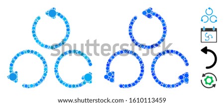 Rotation composition of filled circles in various sizes and color hues, based on rotation icon. Vector filled circles are combined into blue collage. Dotted rotation icon in usual and blue versions.