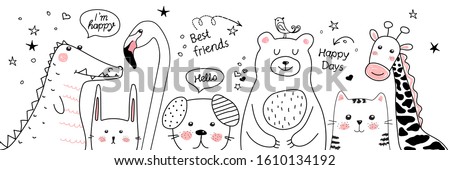 Cartoon sketch animals illustration. Doodle. The best friends are bear, crocodile, cat, dog, flamingo, rabbit, giraffe for t-shirt print, textile, patch, kid product,pillow, gift. The black. Vector. 