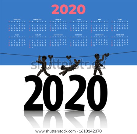 Calendar for 2020. Figures of people go in large numbers by 2020 zip line