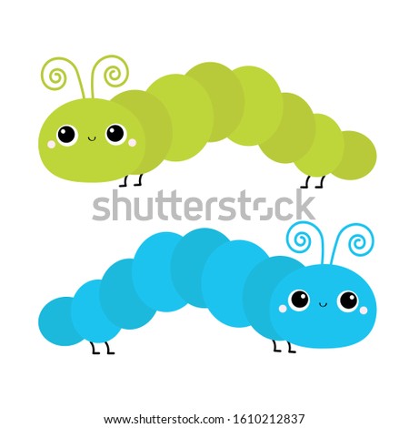 Caterpillar insect icon set. Crawling catapillar bug. Cute cartoon funny kawaii baby animal character. Smiling face. Flat design. Colorful bright green blue color. White background. Isolated. Vector