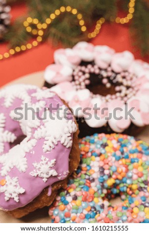 Christmas donuts on red background, Christmas mood