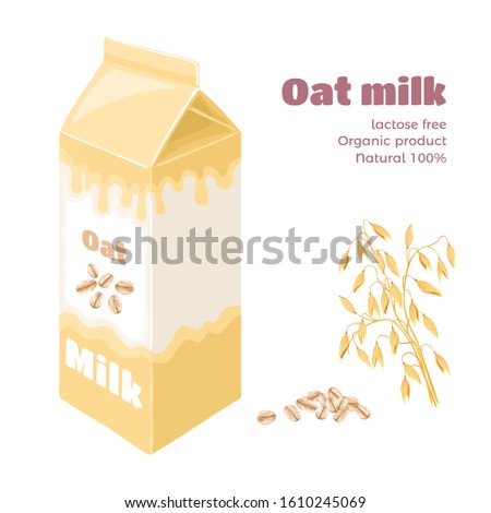 Oat milk in carton box isolated on white background. Vector illustration of plant-based drink, oat spike and grains in cartoon flat style. Organic Dairy Free Vegan beverage.