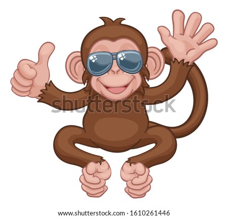A monkey cool cute happy cartoon character animal wearing sunglasses waving and giving a thumbs up