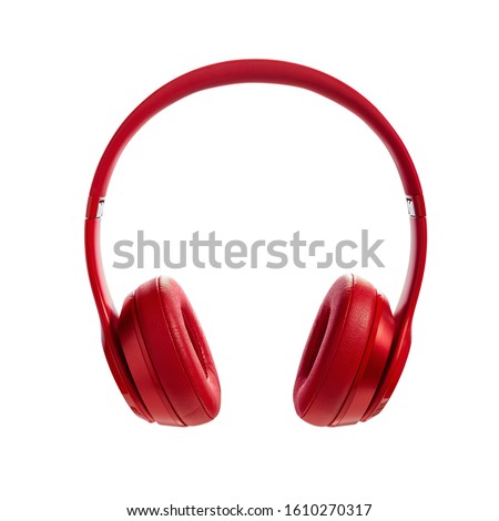 Red wireless headphone on isolated white background, product photography, fashion item, modern, audio, item, headset, accessories, wifi, dj Royalty-Free Stock Photo #1610270317