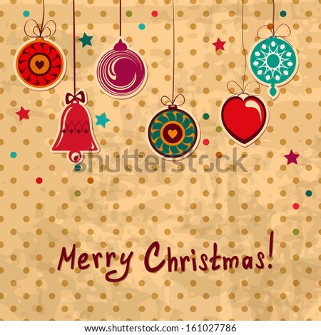 retro Christmas card with hanging decorations