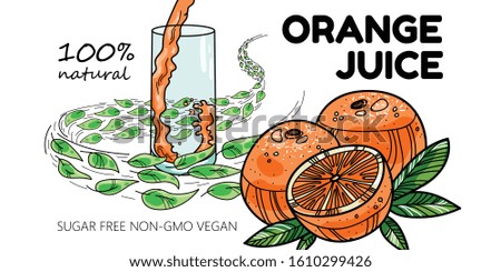 Vector orange juice advertising template with a glass and flowing beverage. Green fresh leaves are flying on the background