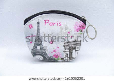 Cute Purse for coins with letter Paris and Eiffel Tower Illustration on  white background