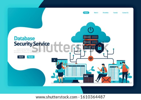 Database security service landing page design. safety internet data access, user privacy protection, firewall service for guard and control. vector illustration for poster, website, flyer, mobile app