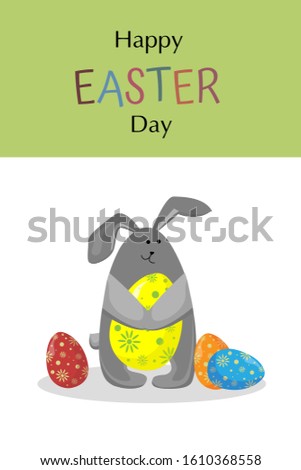 Cute easter bunny holds bright painted egg on white background. Happy easter day. Holiday card