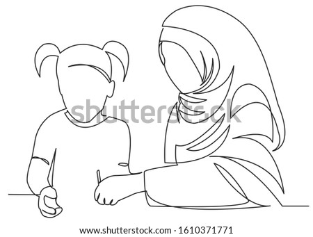 continuous single drawn one line Muslim woman doing lessons with daughter drawn by hand picture silhouette. Line art. character mother and daughter