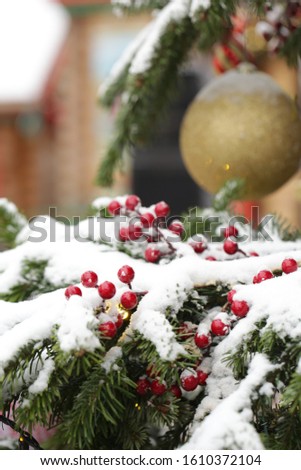 New year concept. Snow lies on the Christmas tree with New Year's decorations.
