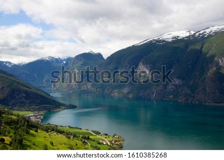 View of the Aurlandsfjord. Aurlandsfjellet National Tourist Route, Norway, Scandinavian. 