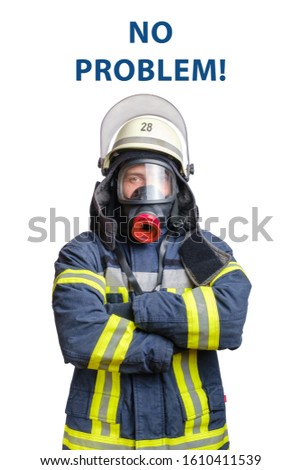 young firefighter in uniform in protective breathing mask on his head with inscription no problem on white background