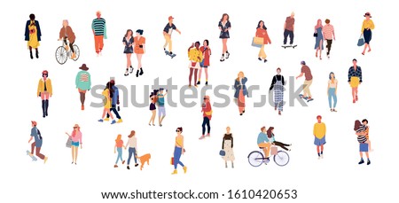 Crowd of people performing outdoor activities - walking dogs, riding bicycle, skateboarding. Group of male and female flat cartoon characters isolated on white background. Vector illustration. Royalty-Free Stock Photo #1610420653