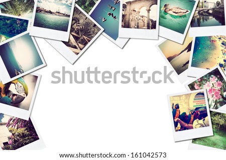 A pile of photographs with space for your logo or text.