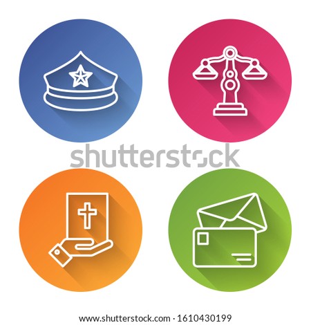 Set line Police cap with cockade, Scales of justice, Oath on the Holy Bible and Envelope. Color circle button. Vector