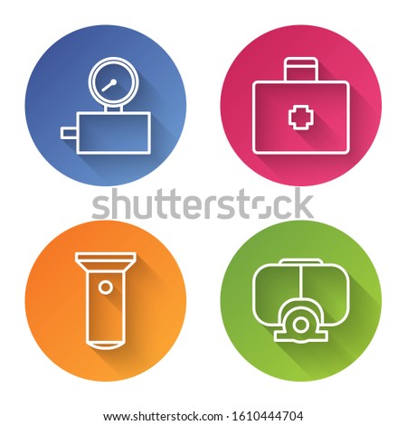 Set line Gauge scale, First aid kit, Flashlight and Diving mask. Color circle button. Vector