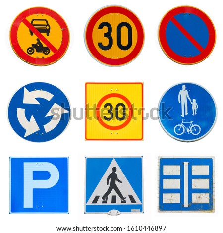 Collage of traffic road signs on white background