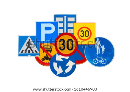 Collage of traffic road signs on white background. Full size.