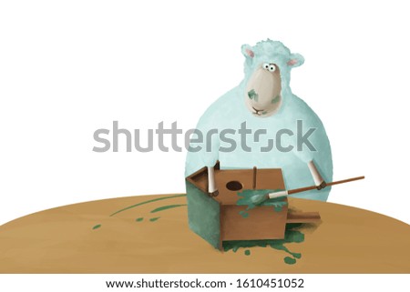 Funny cartoon sheep making nesting box. Positive bright illustration about handicraft white isoalted