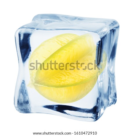 carambola, starfruit in ice cube, isolated on white background, clipping path, full depth of field