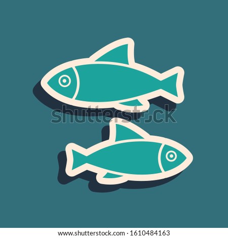 Green Fish icon isolated on blue background. Long shadow style. Vector Illustration