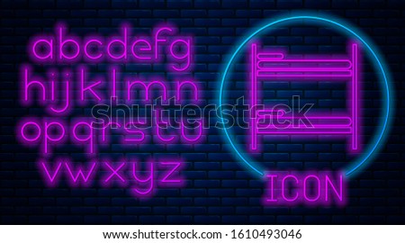 Glowing neon Bunk bed icon isolated on brick wall background. Neon light alphabet. Vector Illustration