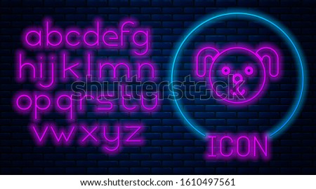 Glowing neon Dog zodiac sign icon isolated on brick wall background. Astrological horoscope collection. Neon light alphabet. Vector Illustration