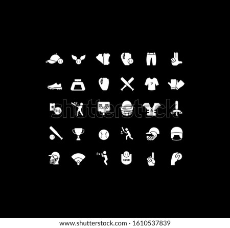Collection simple icons of baseball on a black background. Modern white signs for websites, mobile apps, and concepts