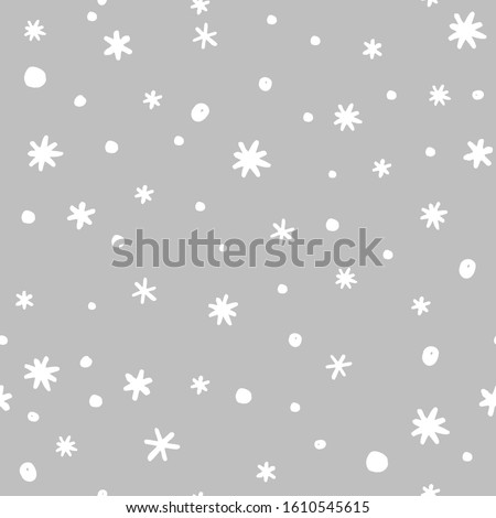 Seamless pattern with doodle hand drawn snowflakes. White on grey. Vector illustration