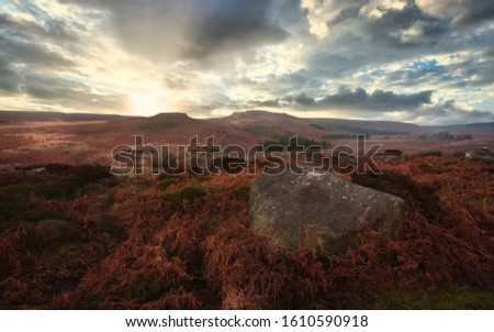 Sunset over the Burbage valley in Peaak district Uk Royalty-Free Stock Photo #1610590918