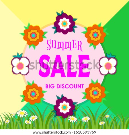 Summer sale advertising poster. Background with green leaves and flowers on a trendy geometric pattern. Vector illustration, template design for posters, flyers or vouchers.