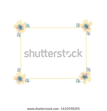 Square frame of watercolor summer yellow and blue flowers on a white background. Use for wedding invitations, birthdays, menus and decorations