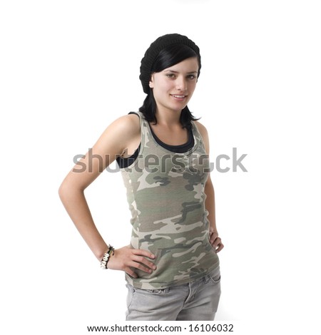 A girl in an army shirt smiles
