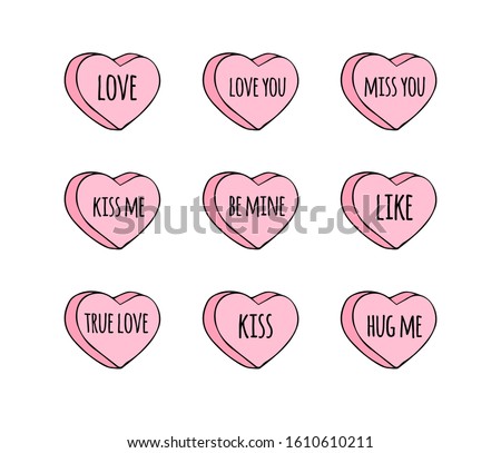 Vector hand drawn doodle set of pink sweet heart candies isolated on white background. Bundle of flat cartoon conversation text sweets for valentines day
