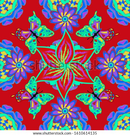 Seamless background from bright butterflies. Suitable for fabric. Vector. Beautiful colorful butterflies chaotically fly on red, green, blue colors. Seamless multicolored background with flying moths.