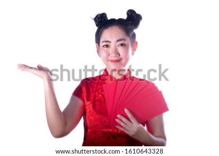 Portrait Asian woman red dress traditional cheongsam holding red envelopes at white background, China Girl, Concept Chinese New Year