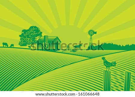 Organic farming silhouette in woodcut style, vector Royalty-Free Stock Photo #161066648