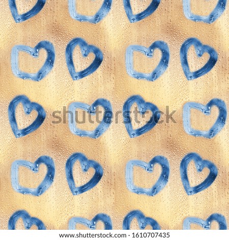 Lots of hearts painted on wet window glass. Colorful background with drops
