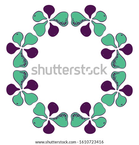 Elegant design wreath of figs for beautiful decorations. Round. Fruits in simple graphic style. Silhouette isolated. Sketch in green and purple colors on white background for wedding or summer decor