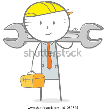 Doodle stick figure: Engineer holding toolbox and wrench