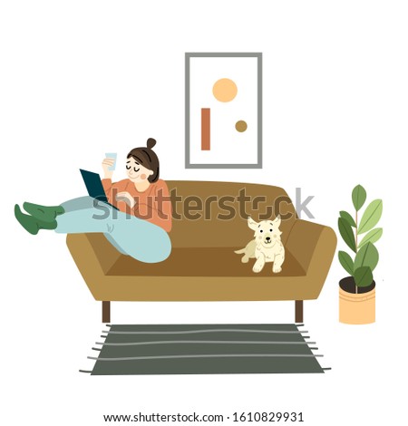 Vector illustration of freelance work. Girl works on the computer and lies on the sofa at home. 