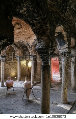 Ancient ruins of the old Arab Baths (Banys Arabs), old city. Historical pottery in the dungeon in Palma de Mallorca, Balearic Islands, Spain. 