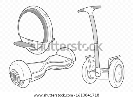 Mono wheel, gyro skooter, overboard and bike in vector illustration. Outline sketch of electric scooter.